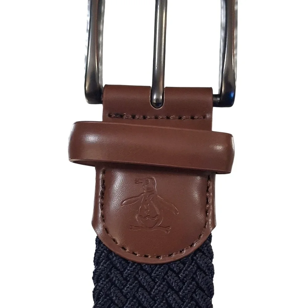 Original Penguin Mens Braided Elastic Belt Navy Blue Brown HN86103 Size M 34-36